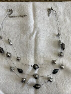 New York & Co Multi Strand Floating Bead Necklace | Silver Black Geometric 15"